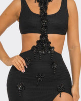 Floral Luxe Cutout Slit Maxi Dress - Black