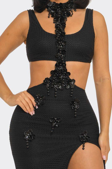 Floral Luxe Cutout Slit Maxi Dress - Black