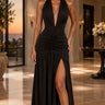Celestial Drape Ruched Halter Maxi Dress - Black