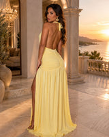 Celestial Drape Ruched Halter Maxi Dress - Yellow