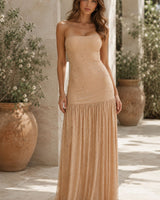 Delicate Rhinestone Drop Waist Maxi Dress - Nude Crystal