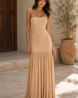 Delicate Rhinestone Drop Waist Maxi Dress - Nude Crystal
