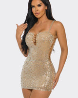 Luxe Crystal Lace-Up Rhinestone Mini Dress - Nude