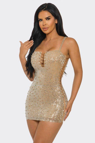 Luxe Crystal Lace-Up Rhinestone Mini Dress - Nude