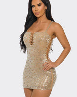 Luxe Crystal Lace-Up Rhinestone Mini Dress - Nude