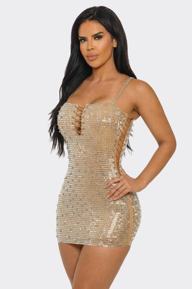 Luxe Crystal Lace-Up Rhinestone Mini Dress - Nude