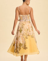Golden Bloom Corset Midi Dress - Yellow Multicolor