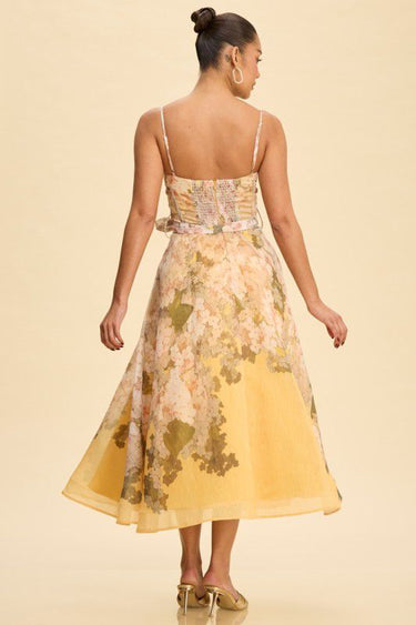Golden Bloom Corset Midi Dress - Yellow Multicolor
