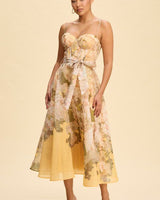 Golden Bloom Corset Midi Dress - Yellow Multicolor