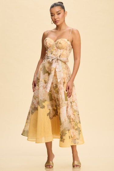 Golden Bloom Corset Midi Dress - Yellow Multicolor