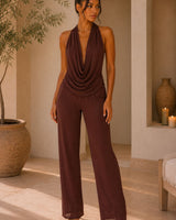 Midnight Drape Cowl Neck Pant Set- Brown