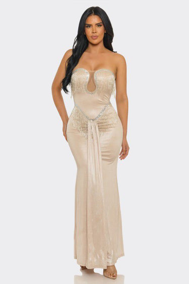 Golden Fringe Siren Maxi Gown - Champagne