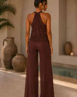 Midnight Drape Cowl Neck Pant Set- Brown