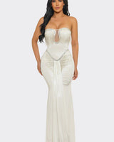 Golden Fringe Siren Maxi Gown - White