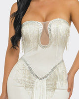 Golden Fringe Siren Maxi Gown - White