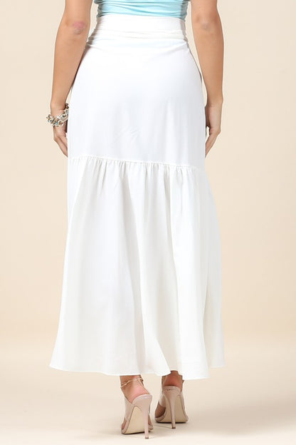 Versatile white skirt with a feminine ruffle trim and adjustable tie waist