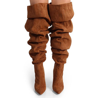 Elegant Chestnut suede high heel boots with a slouchy fit, ideal for fall fashion.