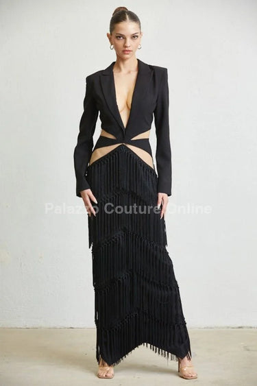 A Fringe Classic Maxi Dress (Black) front view showing full-length maxi silhouette