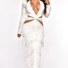A Fringe Classic Maxi Dress (White) front view showing full-length maxi silhouette