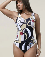 Abstract Face Print Bodysuit close up of fitted fabric and design detail