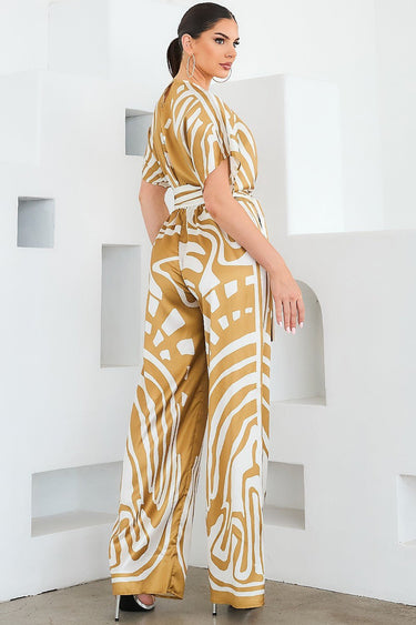 Abstract Glamour Satin Jumpsuit Camel - Palazzo Couture Online