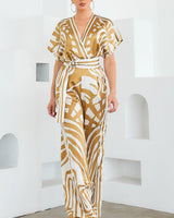 Abstract Glamour Satin Jumpsuit Camel - Palazzo Couture Online