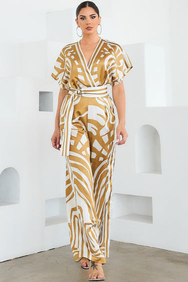 Abstract Glamour Satin Jumpsuit Camel - Palazzo Couture Online
