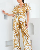 Abstract Glamour Satin Jumpsuit Camel - Palazzo Couture Online