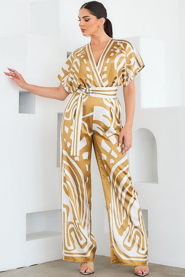 Abstract Glamour Satin Jumpsuit Camel - Palazzo Couture Online