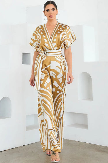 Abstract Glamour Satin Jumpsuit Camel - women's one-piece outfit for going out