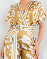 Abstract Glamour Satin Jumpsuit Camel - chic one-piece by Palazzo Couture