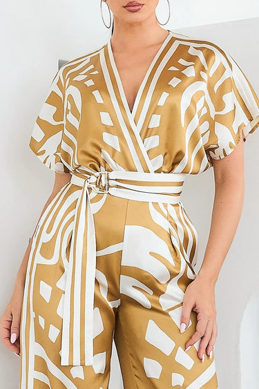 Abstract Glamour Satin Jumpsuit Camel - chic one-piece by Palazzo Couture