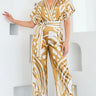 Abstract Glamour Satin Jumpsuit Camel for women - stylish jumpsuit by Palazzo Couture