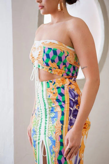 Women's Green skirt set midi style back view