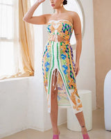 Adjustable Ruching Green Ruched Skirt Set with Midi Length close up of midi top design and fabric