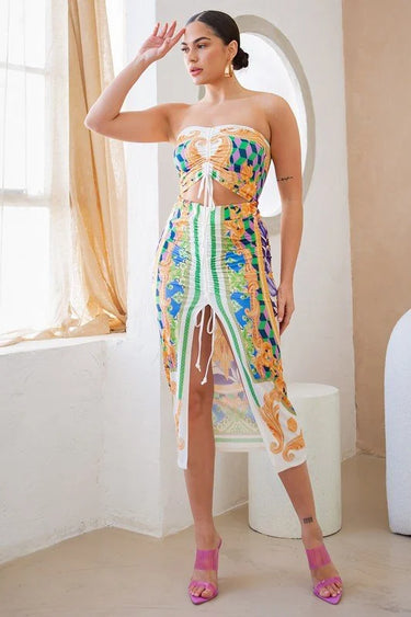 Adjustable Ruching Green Ruched Skirt Set with Midi Length close up of midi top design and fabric