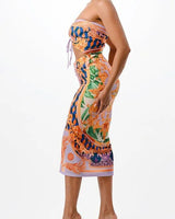 Adjustable Ruching Purple Ruched Skirt Set with Midi Length side view showing skirt silhouette and fit