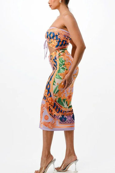 Adjustable Ruching Purple Ruched Skirt Set with Midi Length side view showing skirt silhouette and fit