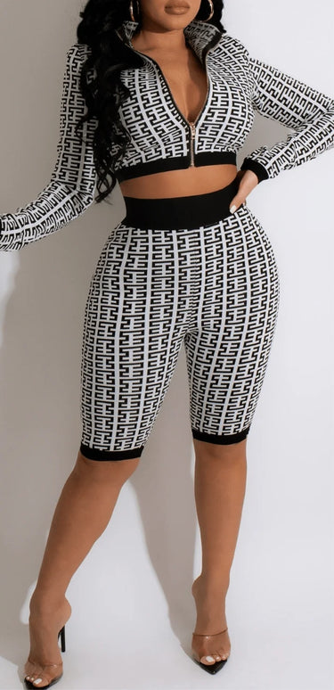 Adore Me Short Set – Chic Printed Two-Piece Outfit close up of print top design and fabric detail