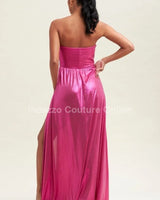 Ainsley Metallic Maxi Dress  (Magenta) close up detail of metallic design and fabric