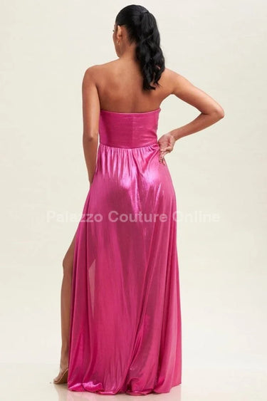 Ainsley Metallic Maxi Dress  (Magenta) close up detail of metallic design and fabric