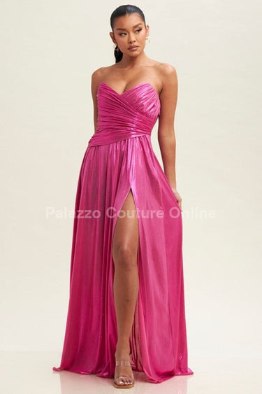 Ainsley Metallic Pleated Maxi Dress (Magenta) - Palazzo Couture Online