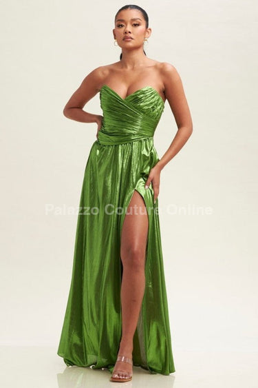 Ainsley Metallic Pleated Maxi Dress (Olive) - Palazzo Couture Online