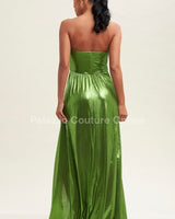 Ainsley Metallic Pleated Maxi Dress (Olive) - Palazzo Couture Online