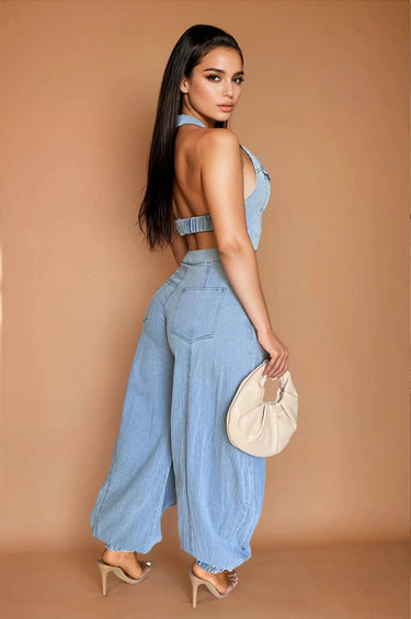 All About Denim Halter Jumpsuit - Palazzo Couture Online