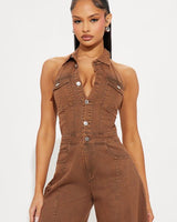 All About Denim Halter Jumpsuit - Chocolate - Palazzo Couture Online
