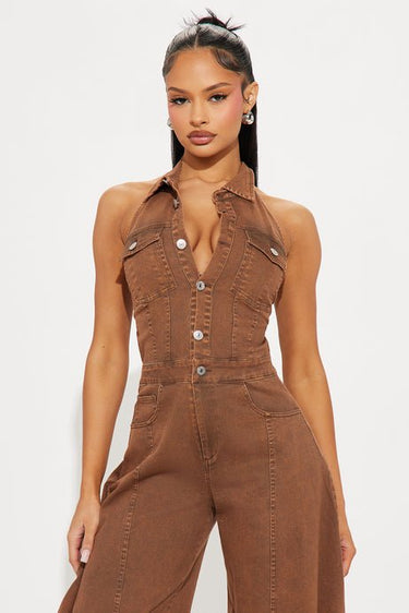 All About Denim Halter Jumpsuit - Chocolate - Palazzo Couture Online