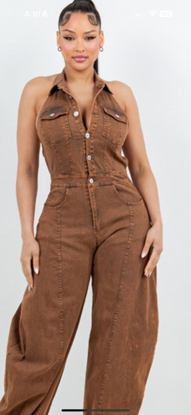 All About Denim Halter Jumpsuit - Chocolate - Palazzo Couture Online