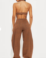 All About Denim Halter Jumpsuit - Chocolate - Palazzo Couture Online