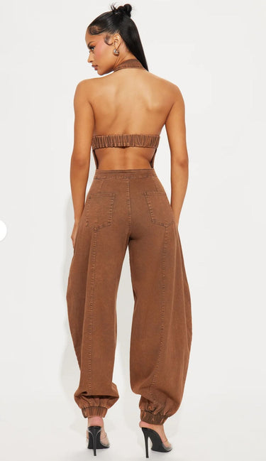 All About Denim Halter Jumpsuit - Chocolate - Palazzo Couture Online